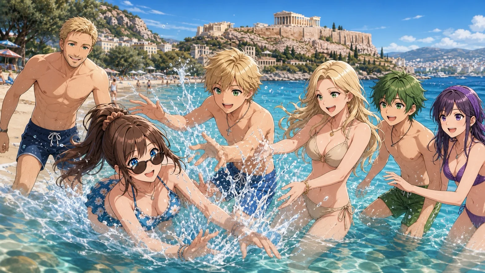 En illustrerad gruppbild av sex vänner som badar och leker i havet framför Akropolis i Aten.