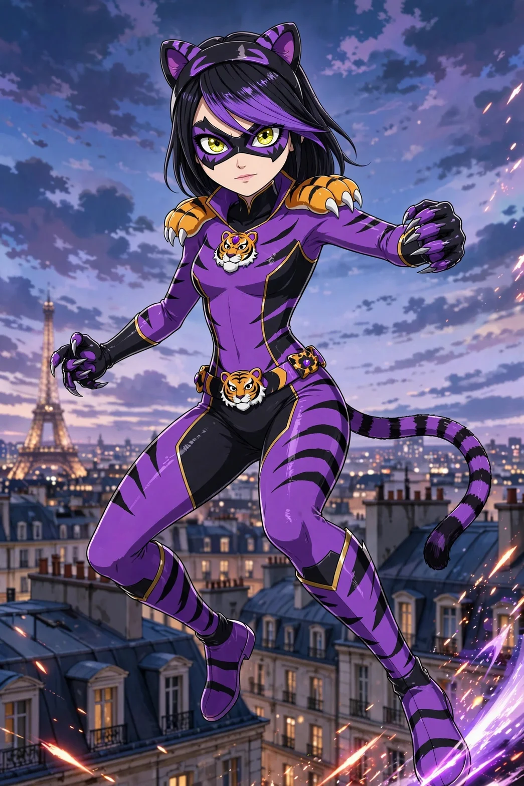 Purple Tigress, en superhjälte i lila och svart kostym med kattöron och tigeremblem, på ett parisertak med Eiffeltornet i bakgrunden.