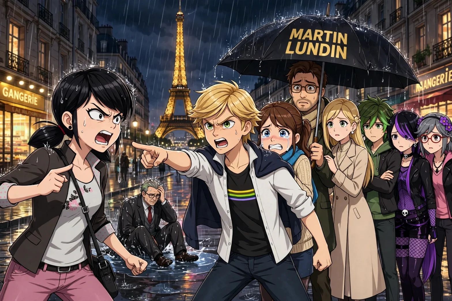 Illustrerad animeinspirerad scen med en grupp människor som står i regnet på en parisisk gata framför Eiffeltornet. Personerna uttrycker oro och dramatik, och ett paraply är märkt med texten MARTIN LUNDIN.