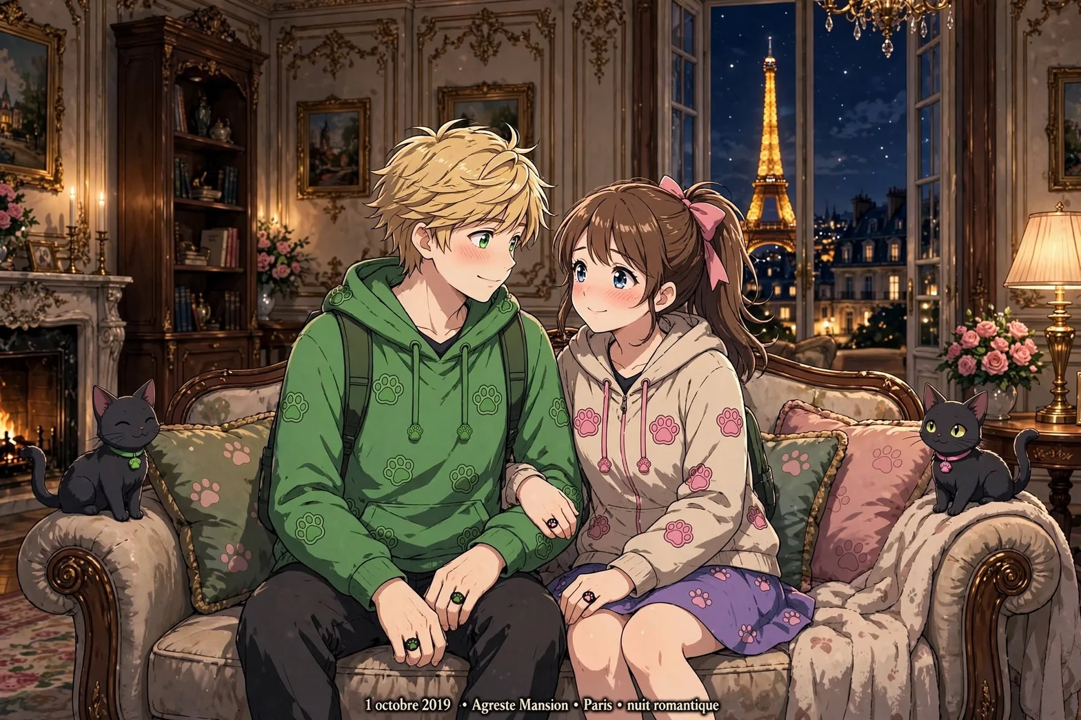 Romantisk salong i Paris där Adrien och Alice delar en stilla nattstund.