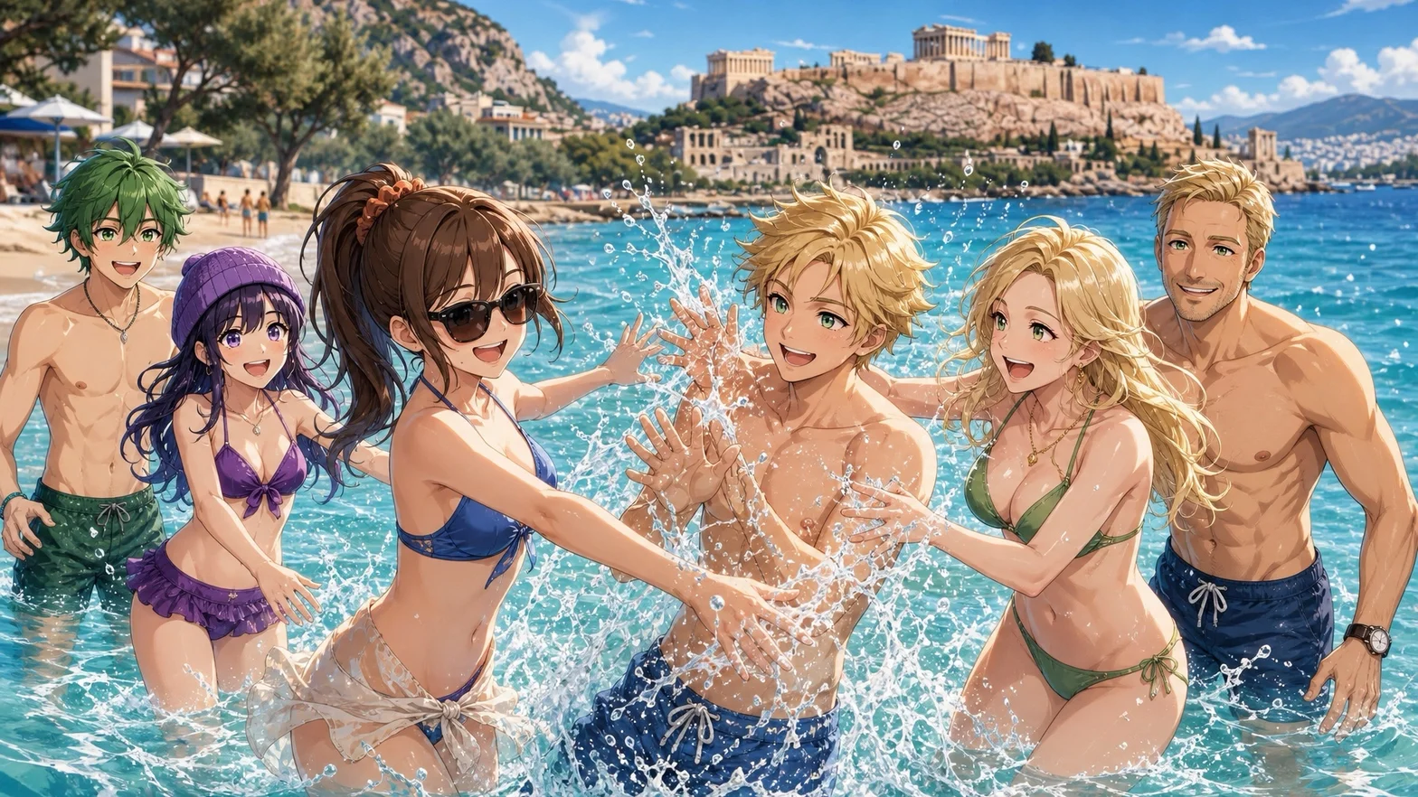En färgstark animeillustration av sex vänner som leker i havet framför Akropolis i Aten, med stänkande vatten, strandmiljö och solig blå himmel.