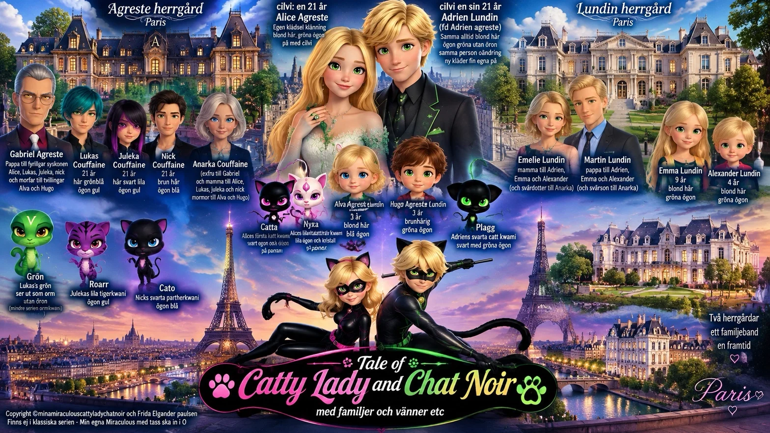 Illustrerad fanillustration med titeln Tale of Catty Lady and Chat Noir som presenterar familjer, vänner, herrgårdar och karaktärer framför Eiffeltornet i Paris.