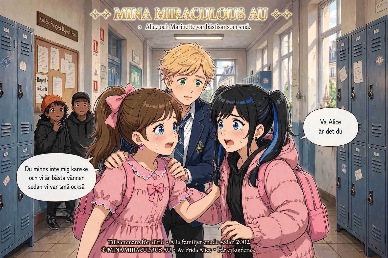 En illustrerad skolscen i mangastil där Alice och Marinette står tillsammans som återförenade bästa vänner i en skolkorridor.