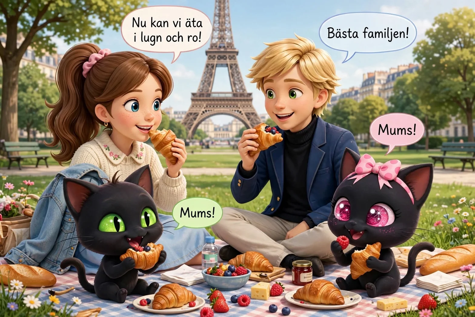 En färgglad, illustrerad picknick i Paris med två barn och två svarta katter som äter croissanter på en filt framför Eiffeltornet.