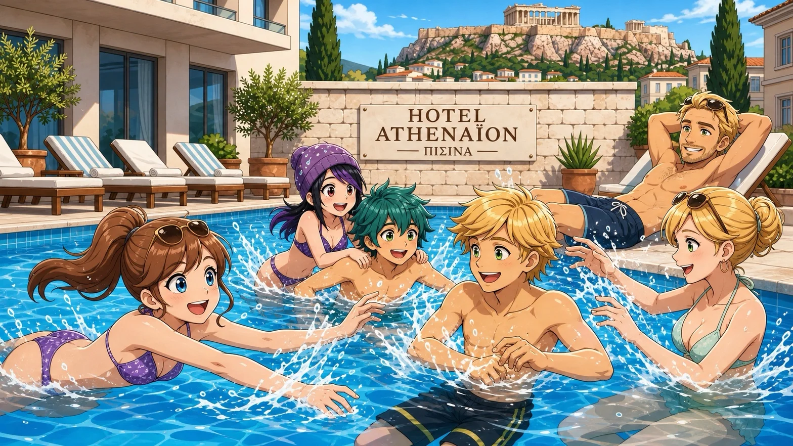 Illustrerad hotellpool i Aten med flera gäster som badar och leker i vattnet. I bakgrunden syns hotellets uteplats, en skylt med texten Hotel Athenaion och Akropolis på en solig himmel.