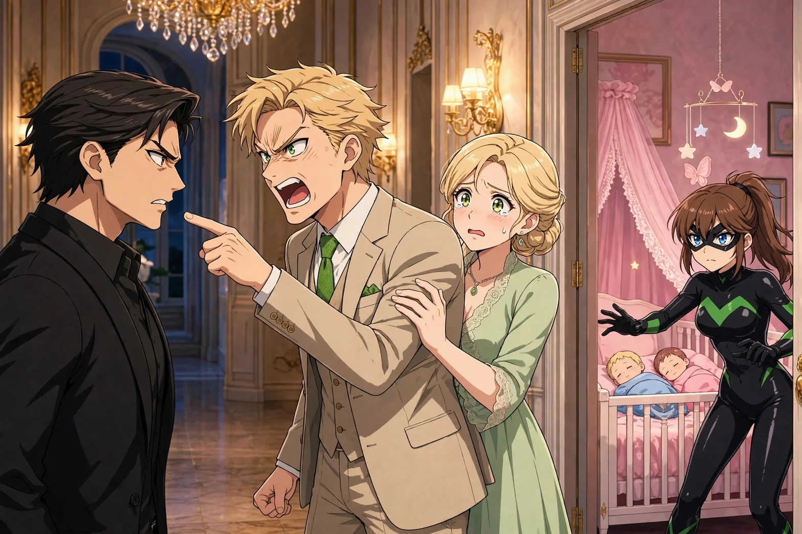 En animerad familjescen i ett elegant hem där föräldrar diskuterar med barn medan en superhjälte dyker upp i dörren.