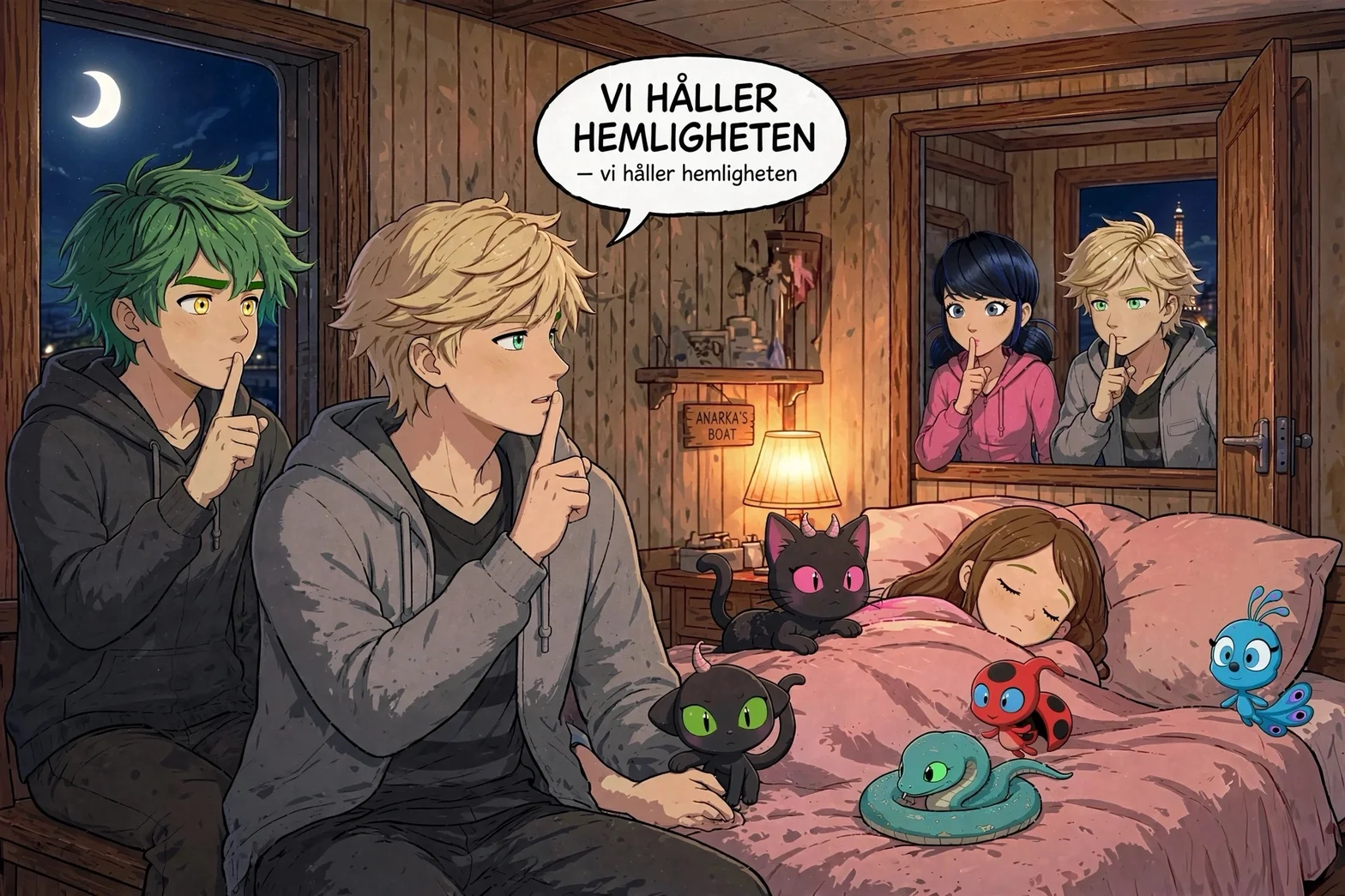 Två unga män håller små magiska varelser medan de säger Vi håller hemligheten i ett mysigt trähus på natten.