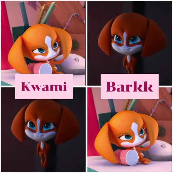 Ett fyrdelat collage med animerade figurerna Kwami och Barkk i olika poser och närbilder.