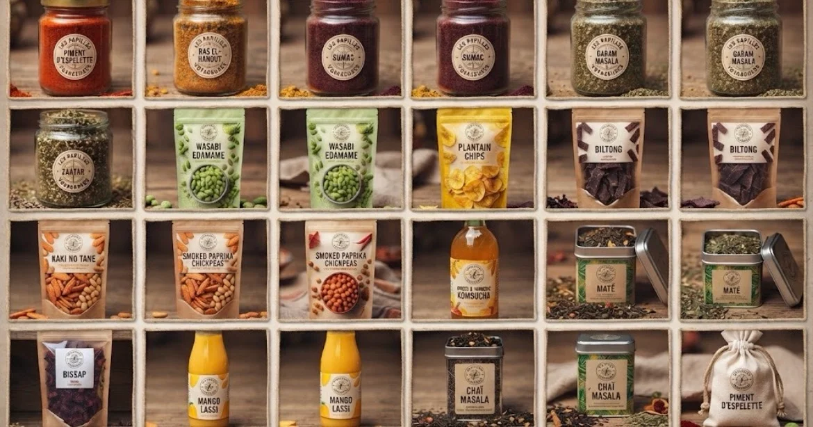 Assortiment d’épices, de snacks et de boissons présenté en pots et sachets.