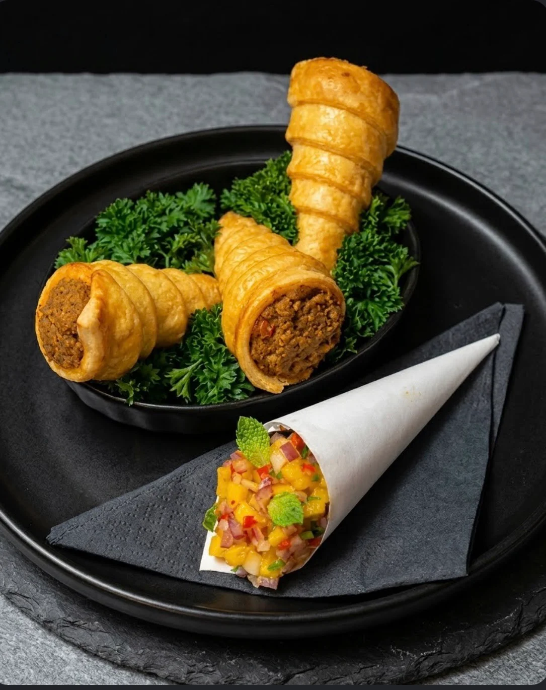 Golden stuffed pastry rolls with colorful mango salsa and fresh herbs on dark plates.