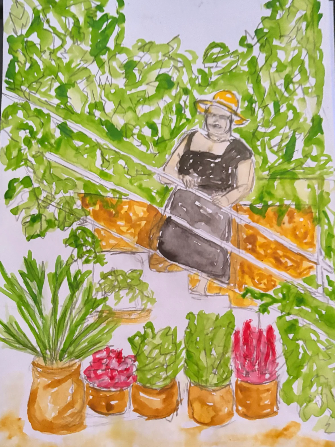 Målningen Blomsterdröm av Therese Piogé med trädgårdsarbete bland frodiga blommor och krukväxter