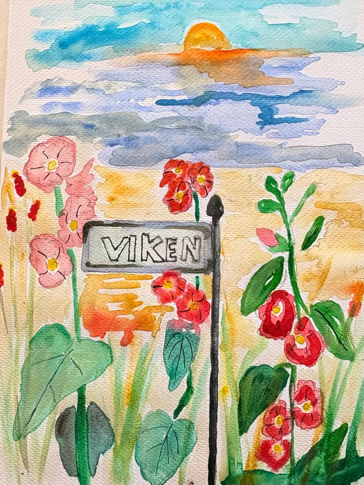 Målningen På väg av Therese Piogé med blommande kustäng och skylt mot horisonten