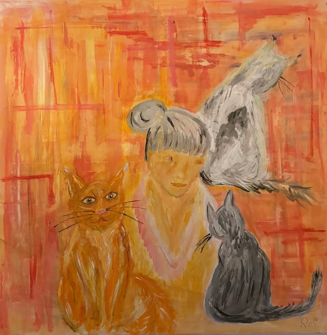 Målningen Människan och katten av Therese Piogé med en kvinna och katt i tillitsfull samvaro