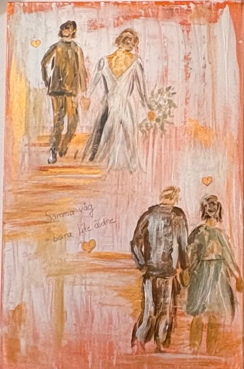 Målningen Viken av Therese Piogé med harmoniska figurer och texten Samma väg, bara äldre