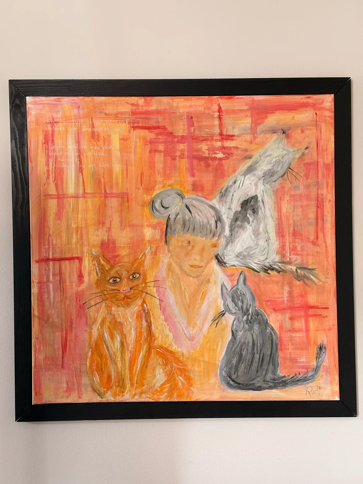 Målningen Vi möts igen: ängeln av Therese Piogé med flicka, katt och fåglar i varma toner