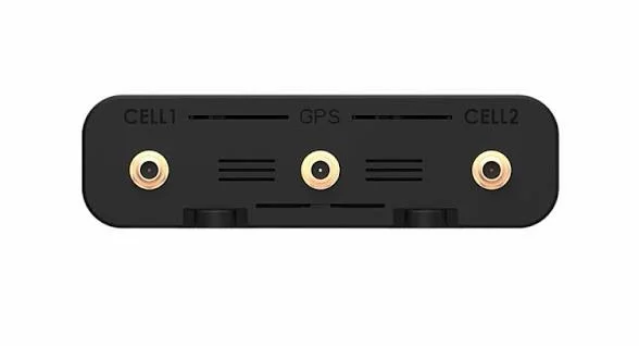 Black antenna panel with three gold connectors labeled CELL1, GPS and CELL2.