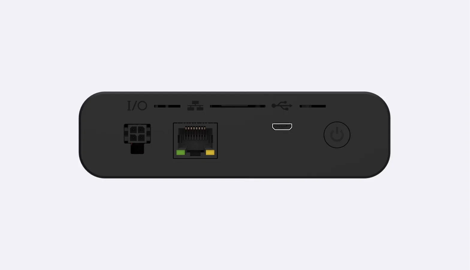 Rear panel of a black hotspot with a power connector, Ethernet port, USB markings and power button.