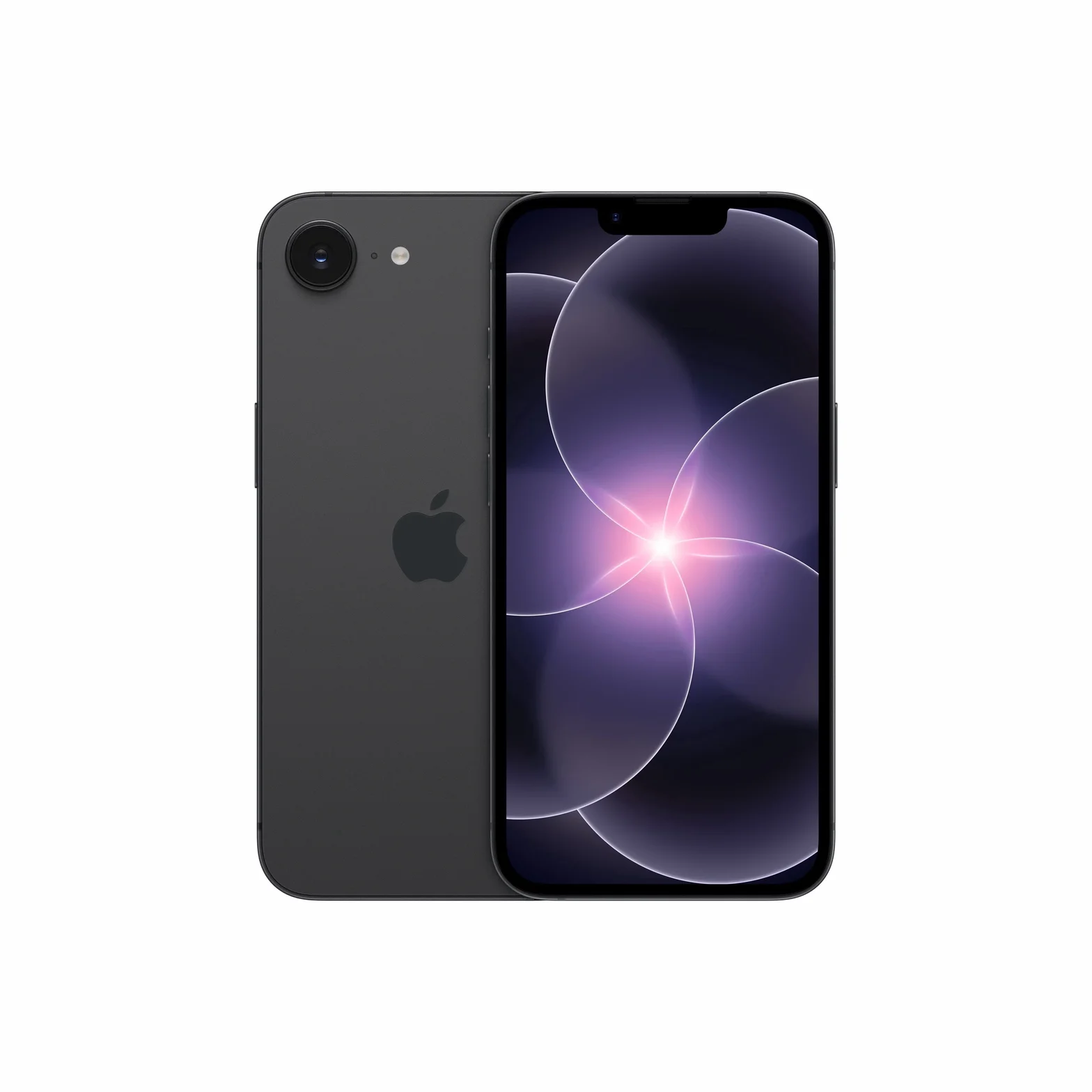 Front and back views of a black Apple iPhone with a single rear camera and purple wallpaper on the screen.
