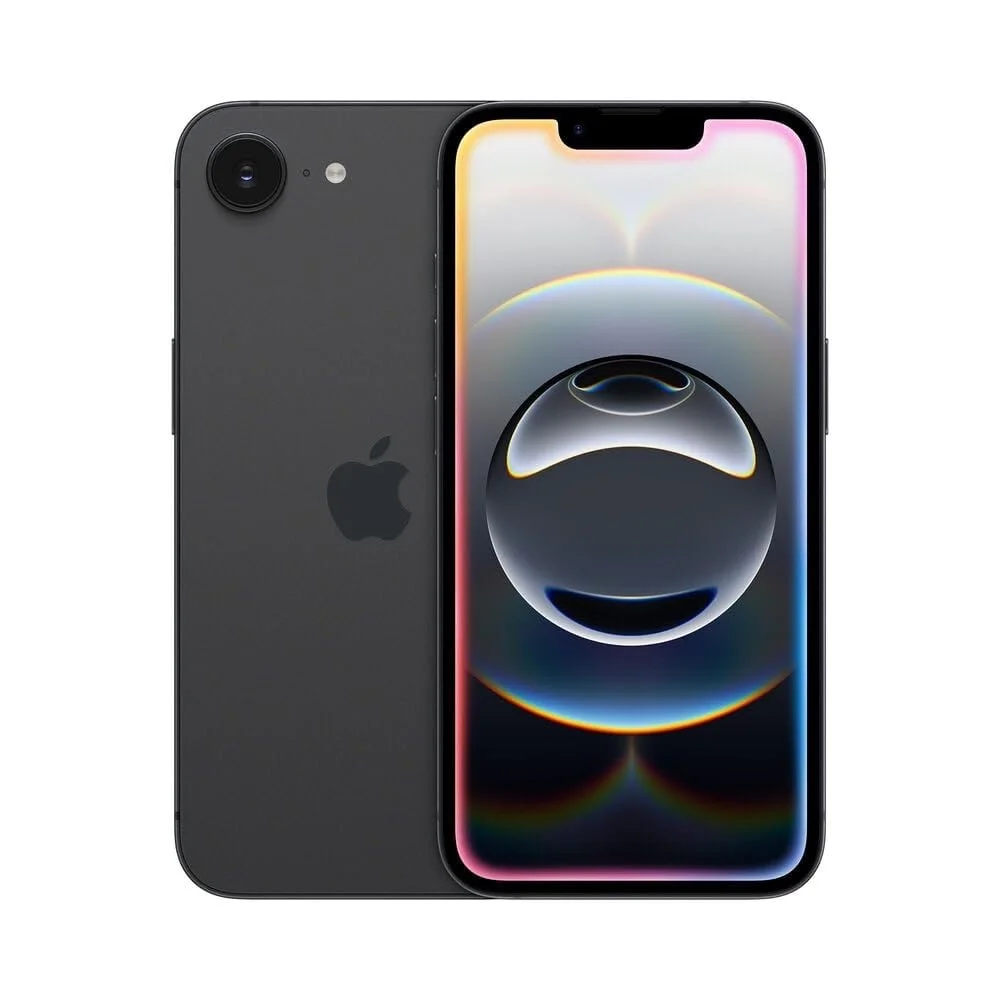 Front and back of a black Apple iPhone, showing a single rear camera and a colorful screen.
