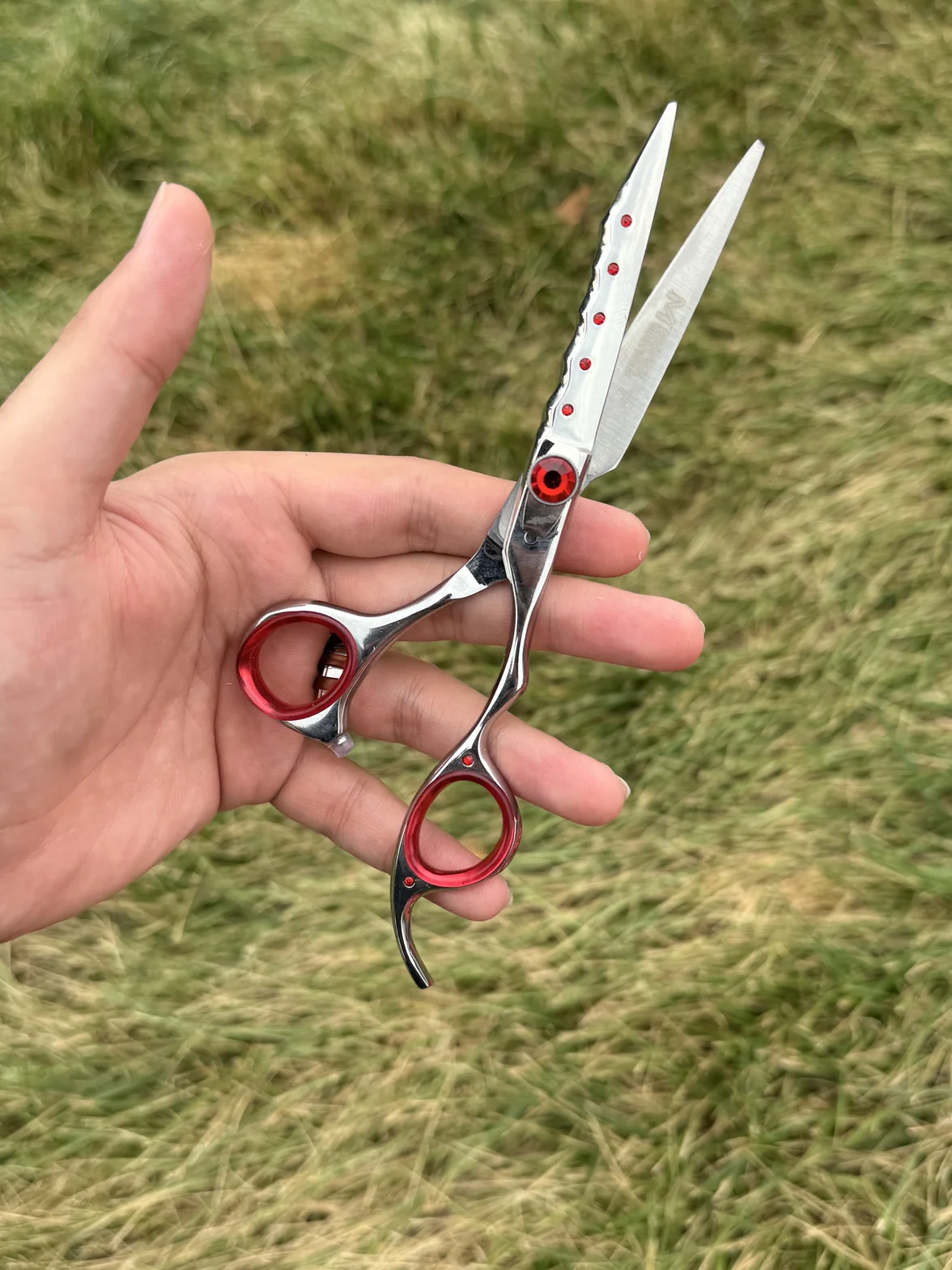 Professional hair shears with stainless steel blades and metallic red handles, held in hand outdoors