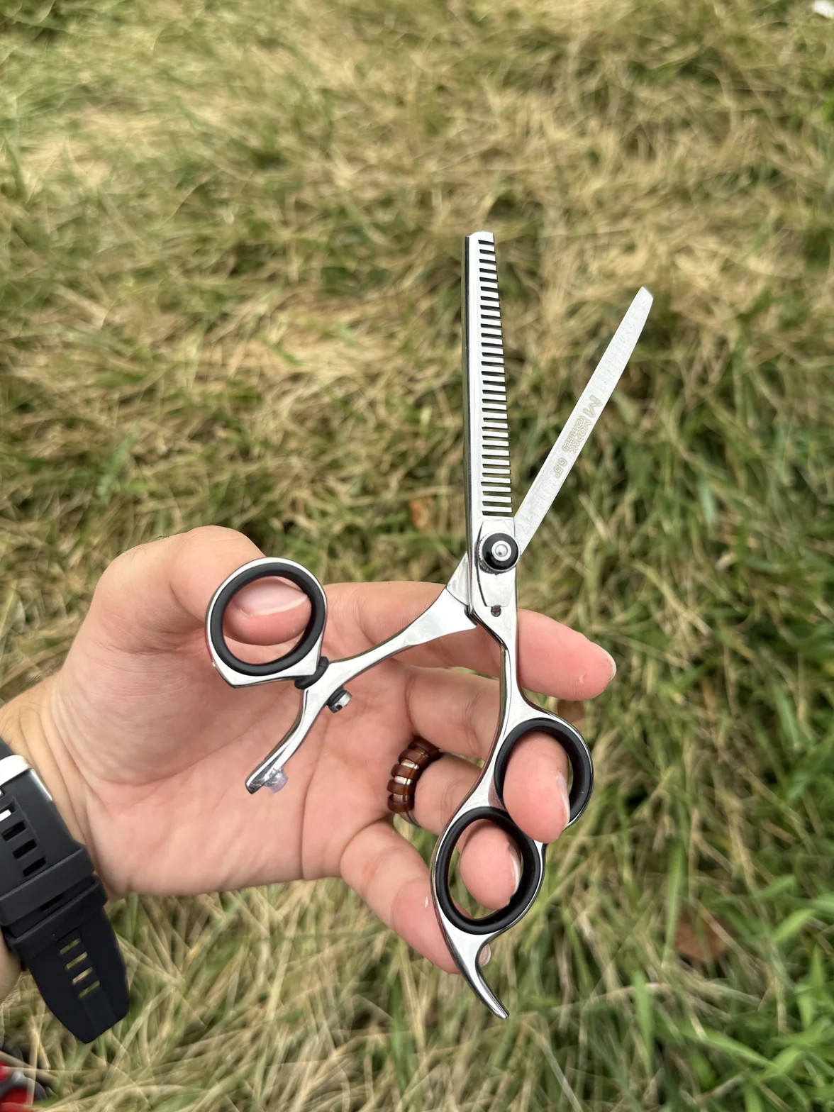 Professional stainless steel hair shears held in hand outdoors, showing the sharp blades and ergonomic handles built for precision cuts