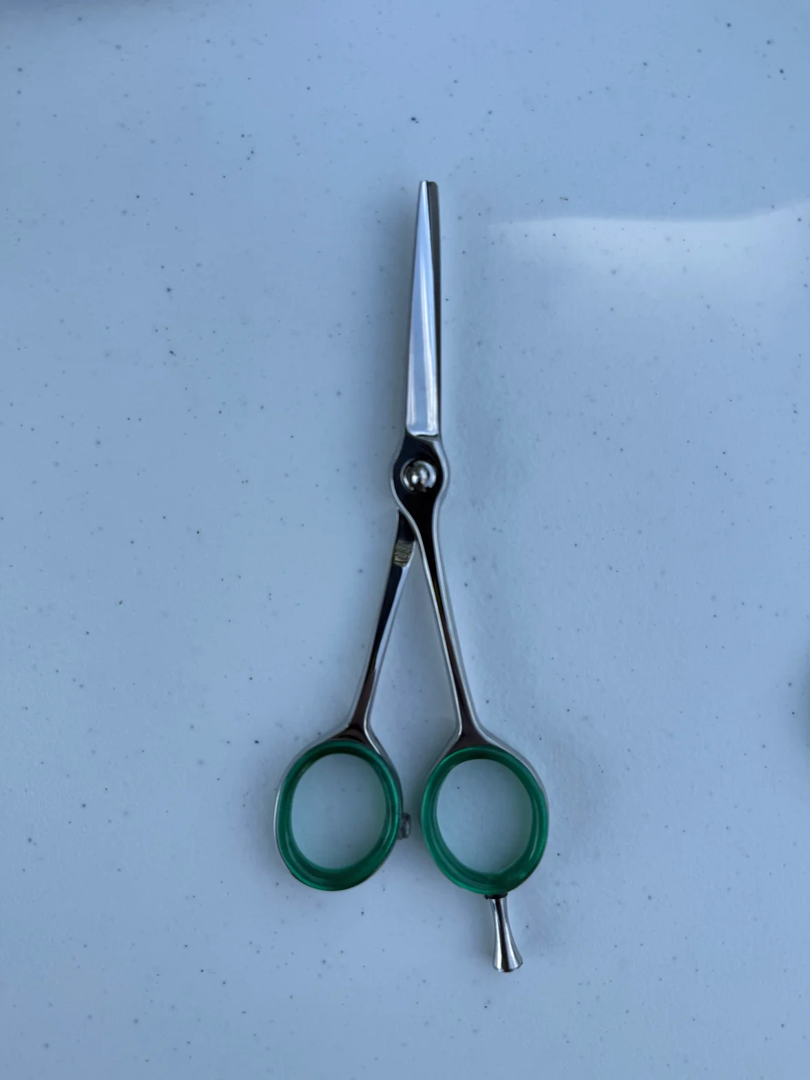 Green finish professional hair scissors with ergonomic offset handle