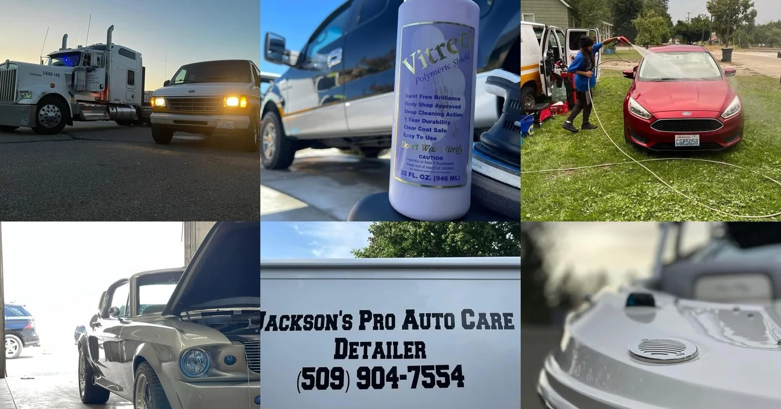 Collage of automotive detailing services and projects by Jackson's Pro Auto Care including washed trucks, polished cars, and detailing equipment