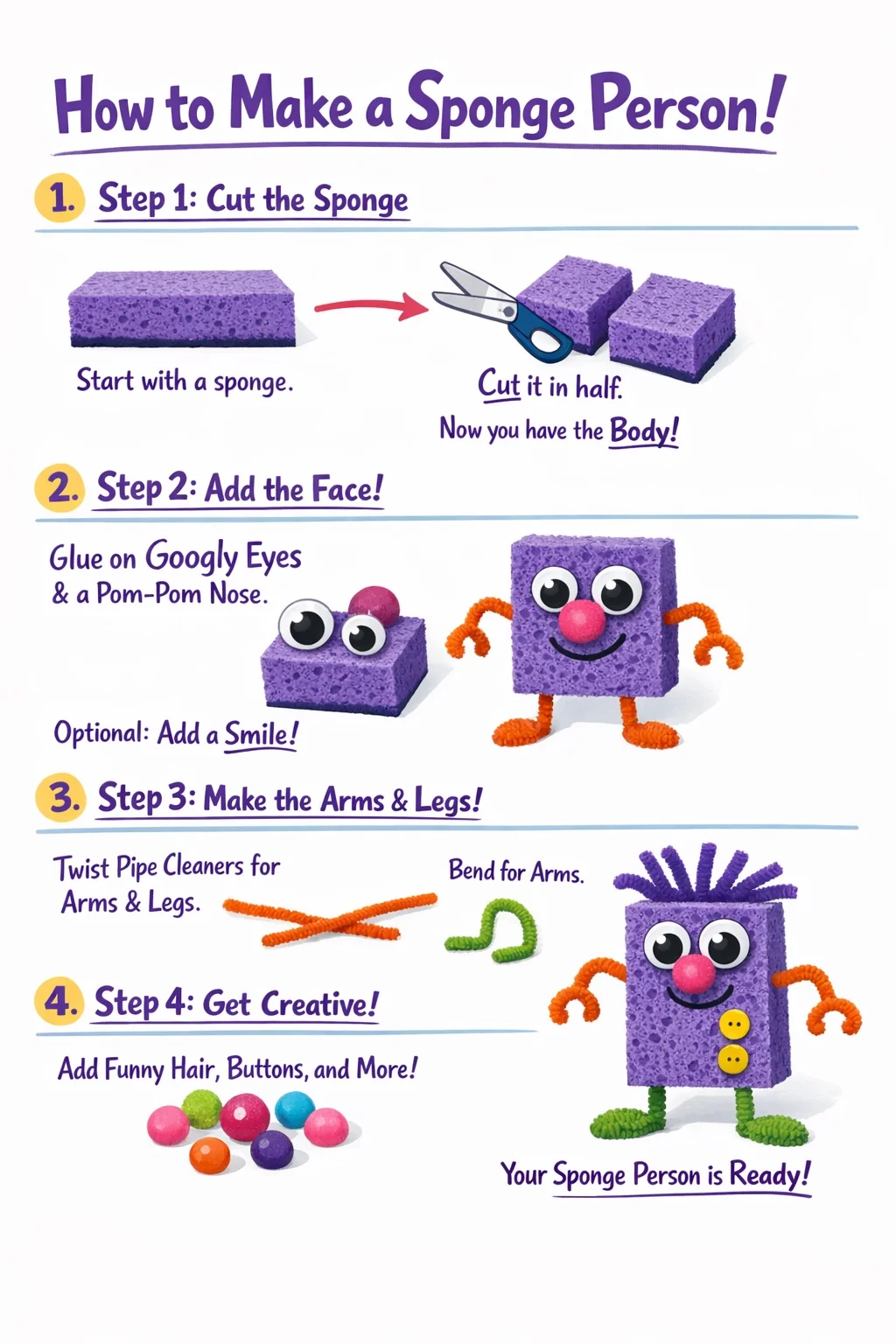 Craft directions for a Sponge Person made from a purple sponge, googly eyes, pom poms and pipe cleaners.