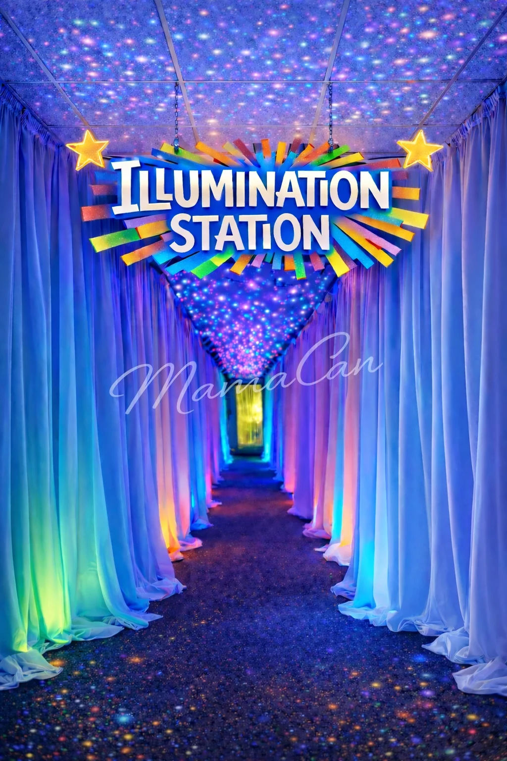 An illuminated corridor with neon lights, draped fabric, golden stars and a large Illumination Station sign.