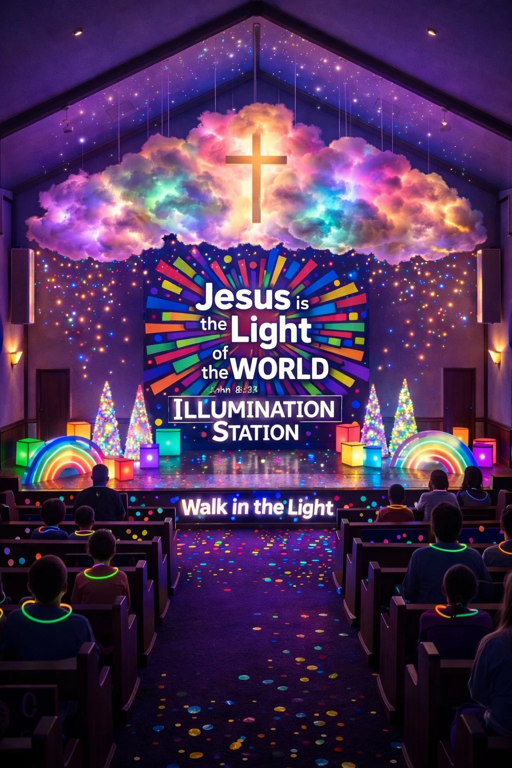 A church sanctuary set up as an Illumination Station, with a glowing cross, painted clouds, neon light installations and kids seated in the pews.