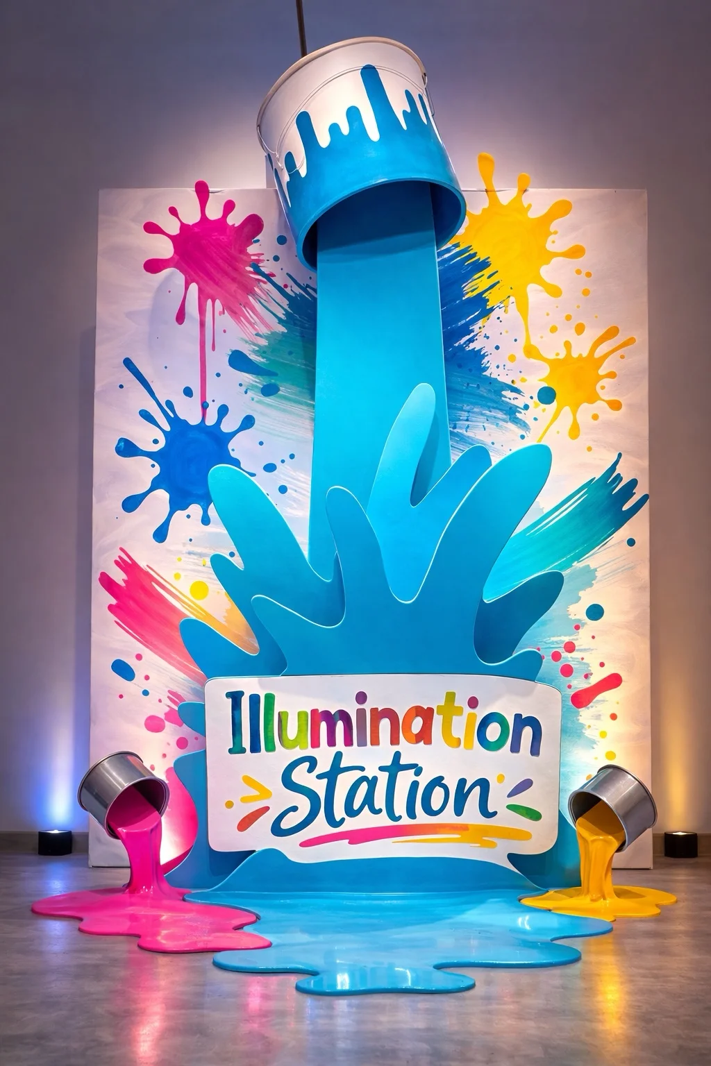 An Illumination Station display with a large blue hand, paint buckets and bright magenta, yellow and blue paint splashes.