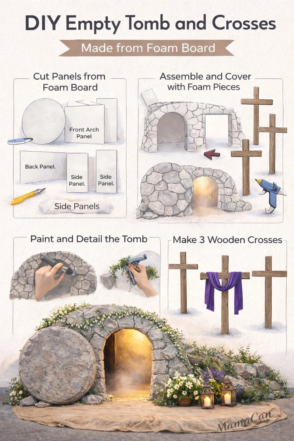 A step by step guide for building an empty tomb and wooden crosses from foam board, showing the cutting, assembly and painting stages.