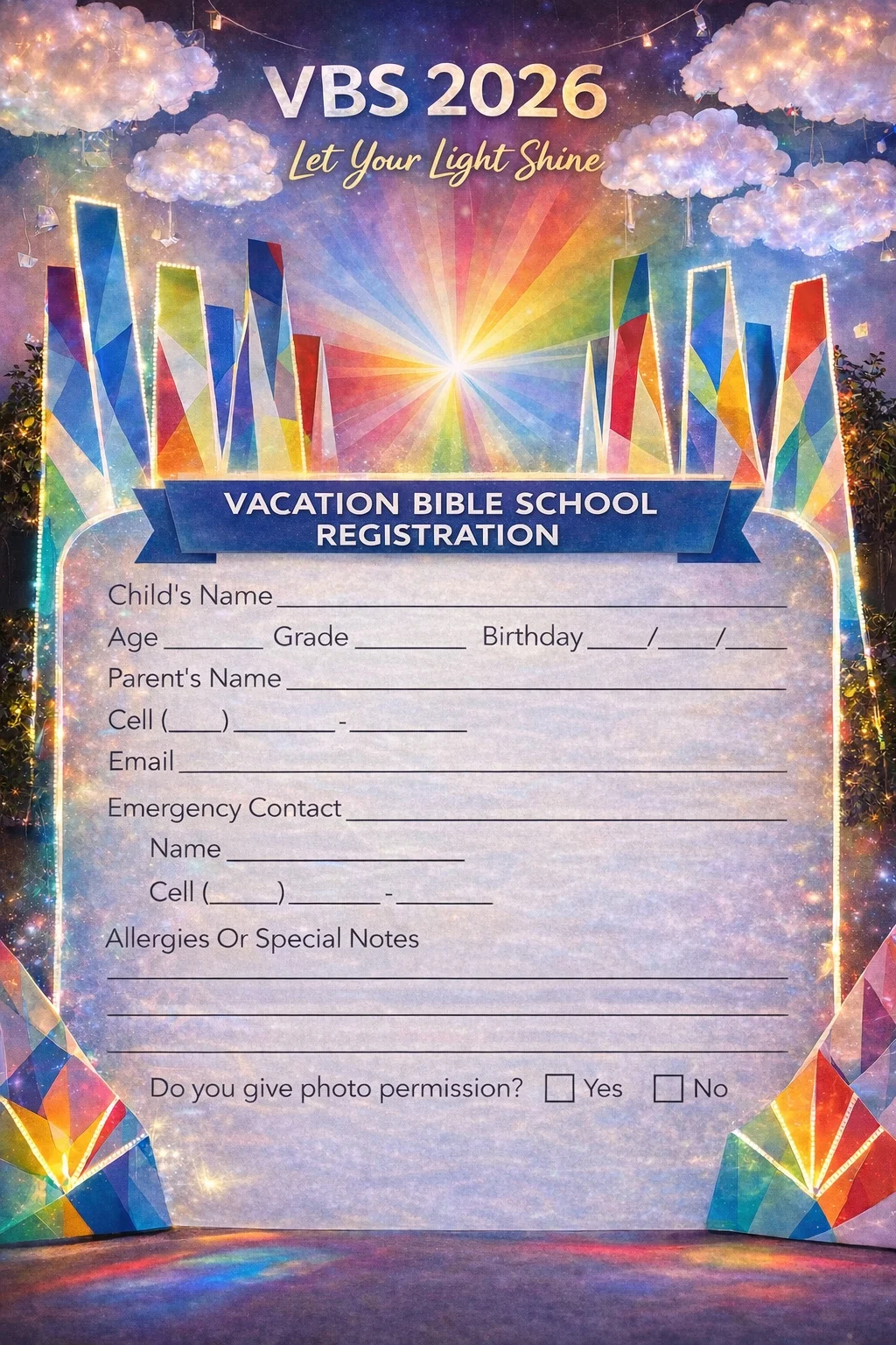A Vacation Bible School 2026 registration form for the theme Let Your Light Shine, with geometric buildings, glowing clouds and rainbow light rays.