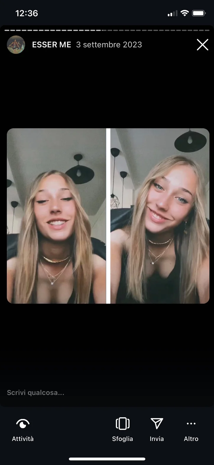 Due selfie affiancati di Sofia sorridente, tratti da una storia Instagram.