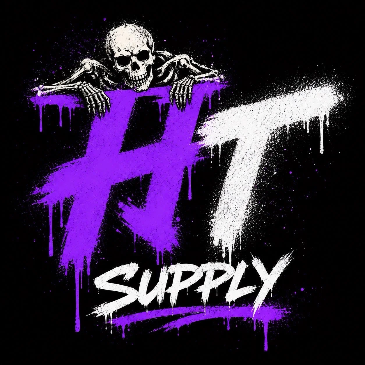 Bold graffiti-style artwork of a skeleton perched on large numbers, with vibrant purple drips and white paint splatter on a black background
