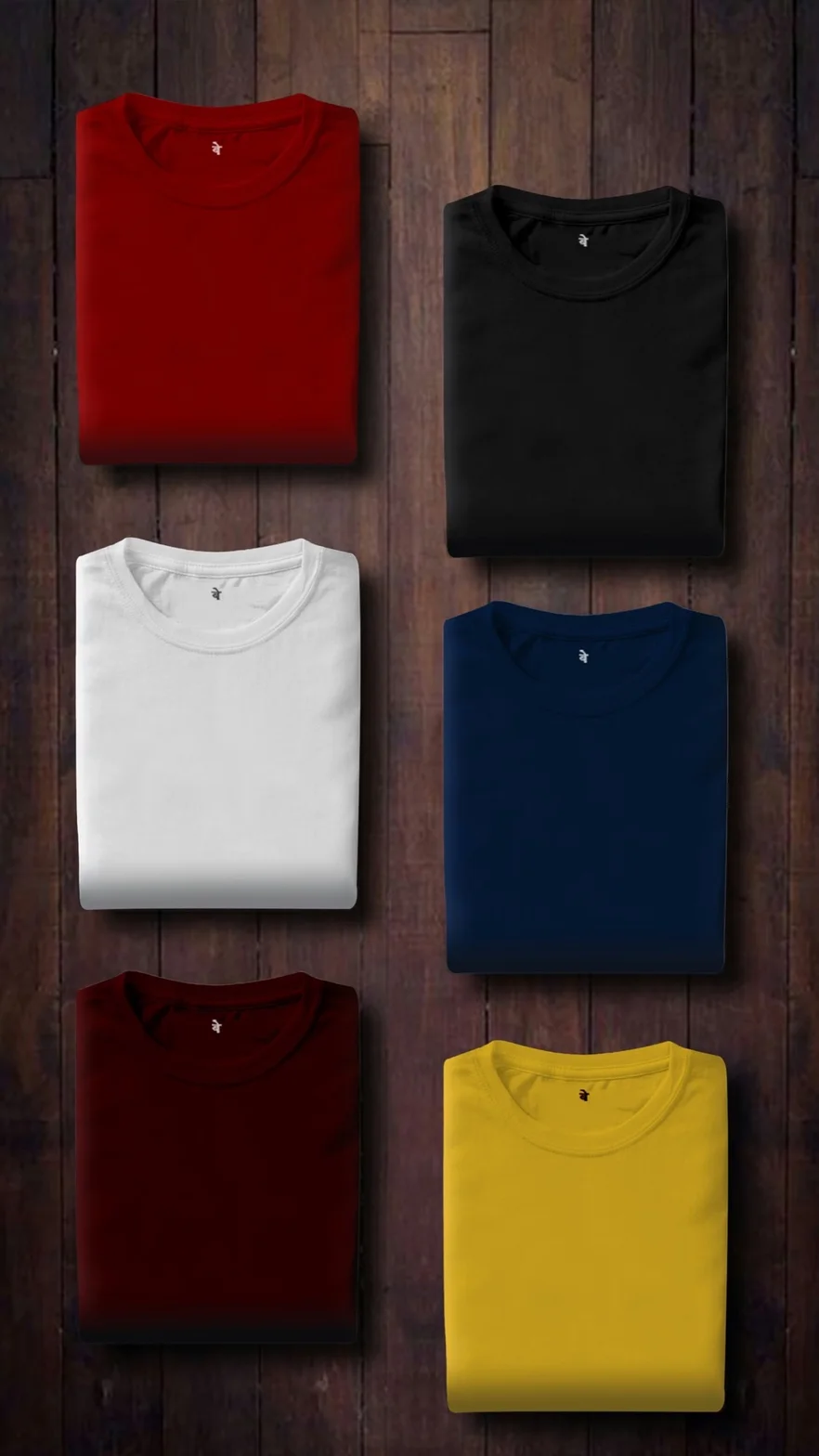 Collection of six folded plain crew-neck T-shirts in multiple colors